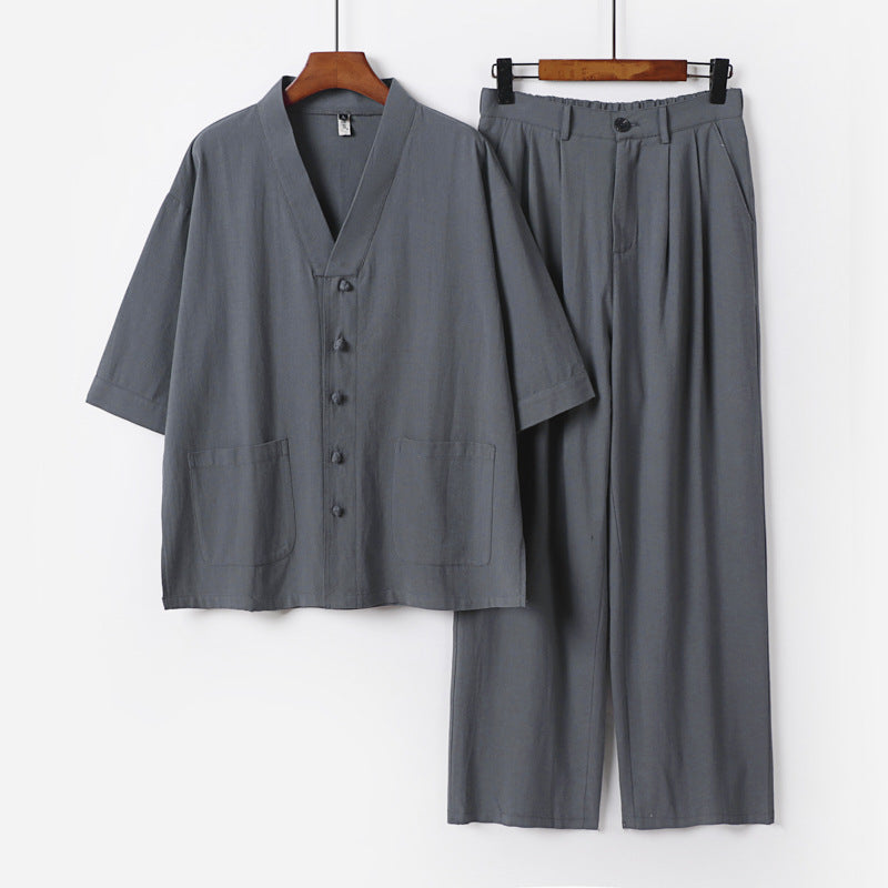 Unisex Zen-inspiriertes Relax-Set mit Kurzarm-Kimono-Oberteil, verdeckter Knopfleiste und elastischer Bundhose Nord Taschen