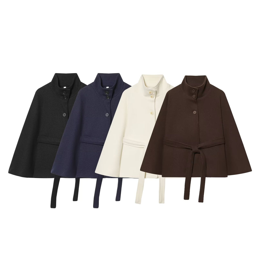 Damen Kurzes Cape-Mantel mit Stehkragen, Knopfleiste und Bindegürtel Nord Taschen