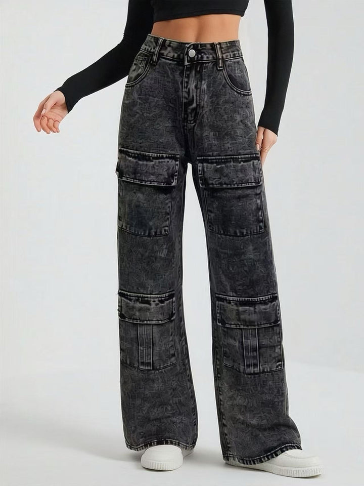 Damen High‑Waist Utility-Denimhose mit aufgesetzten Knie-Patches, Cargo‑Taschen und weitem Schlag Nord Taschen