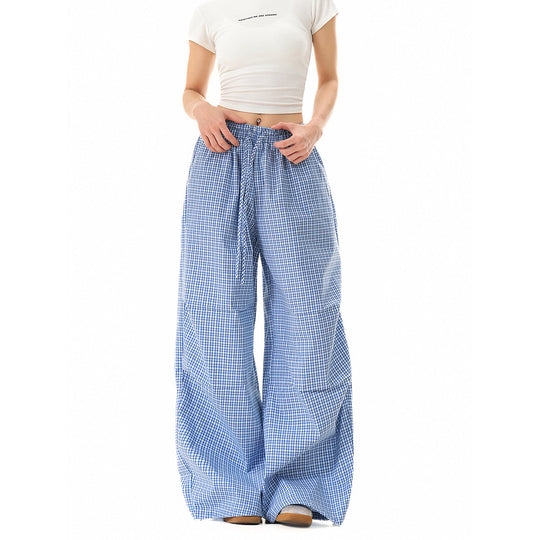 Damen Weite Baumwollhose mit elastischem Bund, Karomuster und verstellbarer Saumkordel Nord Taschen
