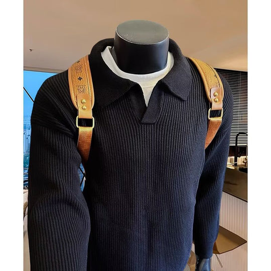 Herren Struktur-Strickpullover mit Polokragen und V‑Schlitz Nord Taschen