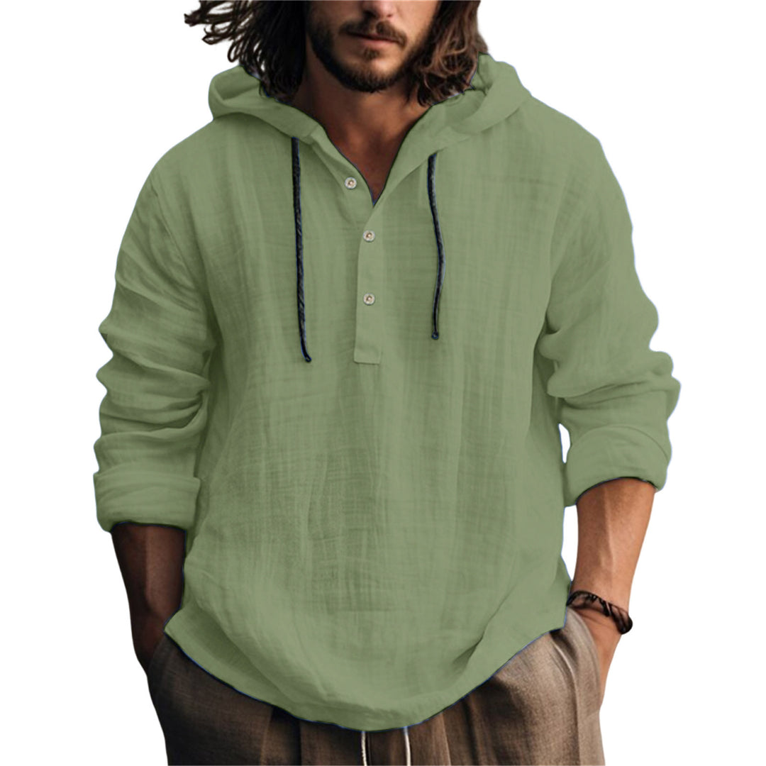 Herren Leichtes Kapuzenhemd im Leinenlook mit Henley-Knopfleiste Nord Taschen