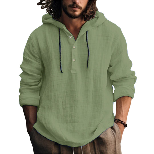 Herren Leichtes Kapuzenhemd im Leinenlook mit Henley-Knopfleiste Nord Taschen