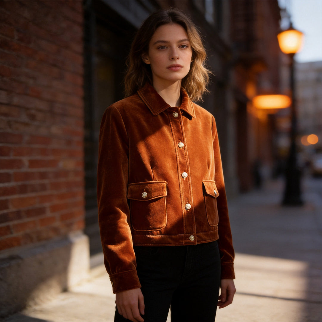 Damen Kurz geschnittene Samtjacke im Blousonstil mit Klappentaschen und Zierknopfleiste Nord Taschen
