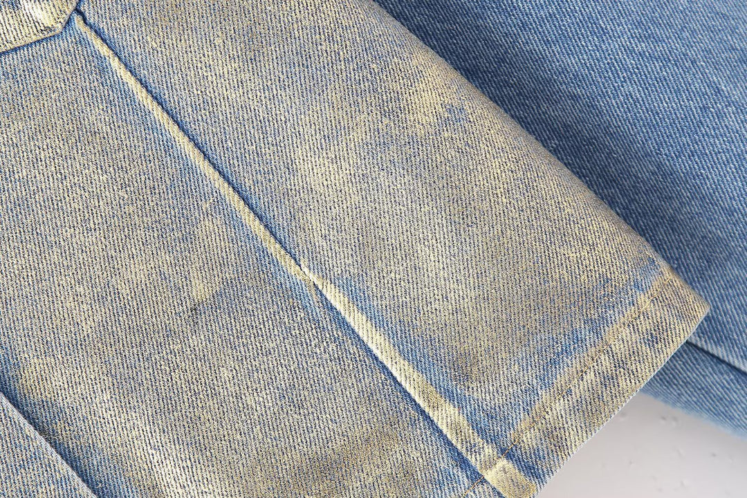 Damen Kurze Denim-Jacke mit Metallic-Finish und aufgesetzten Brusttaschen Nord Taschen