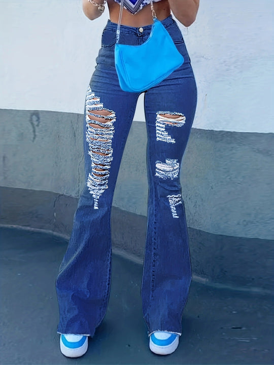 Damen High-Waist Flared-Jeans mit großflächigen Distressed-Rissen und sculptendem Komfortbund Nord Taschen