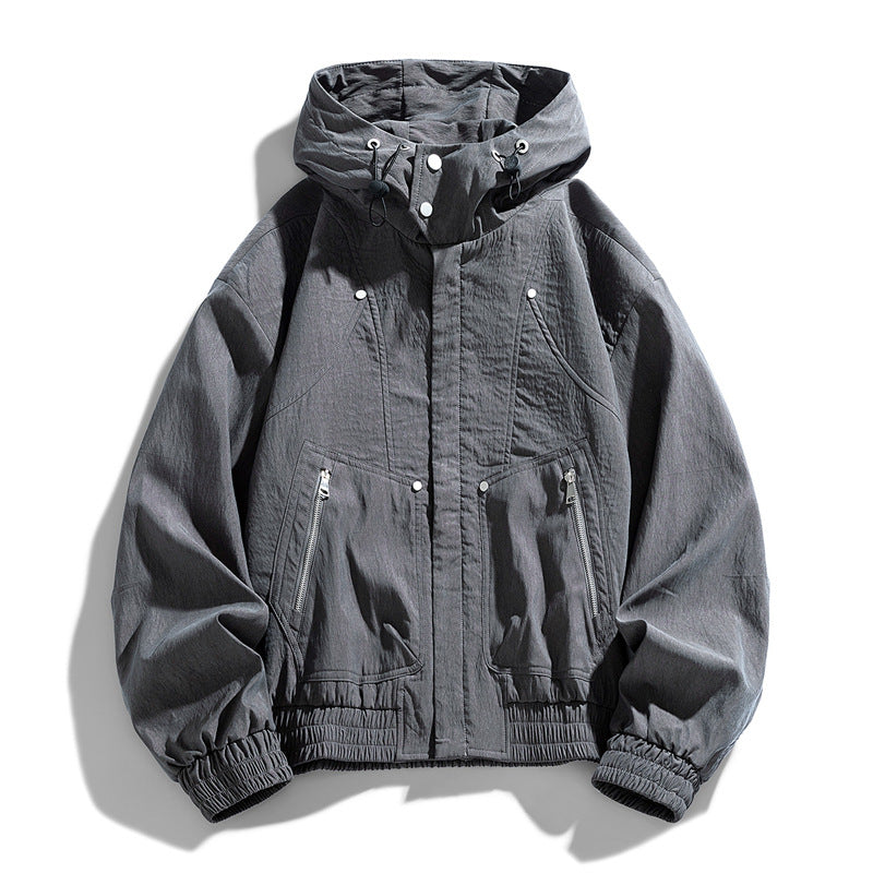 Herren Oversize Canvas-Utility-Kapuzenjacke mit versteckter Druckknopfleiste und Reißverschlusstaschen Nord Taschen