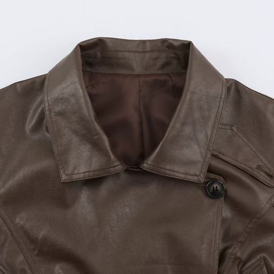 Damen Kurzjacke aus Lederoptik mit Bindegürtel und asymmetrischer Knopfleiste Nord Taschen