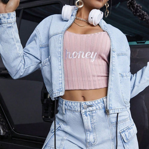 Damen Cropped-Denim-Set bestehend aus kurzer Jeansjacke und High-Waist Cargo-Jeans Nord Taschen