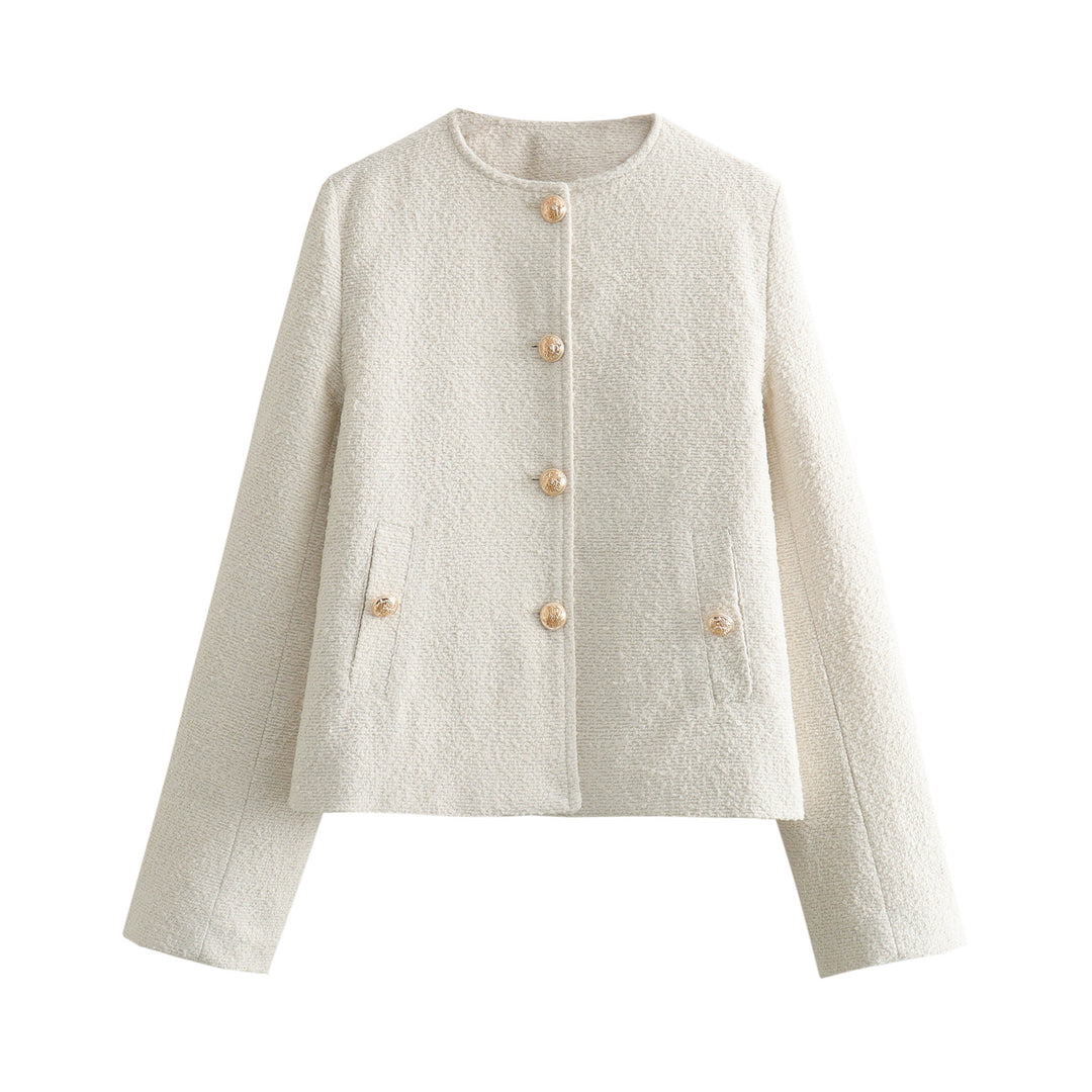 Damen Kurzgeschnittene Bouclé‑Tweedjacke mit Rundhalsausschnitt, Zierknöpfen und Pattentaschen Nord Taschen