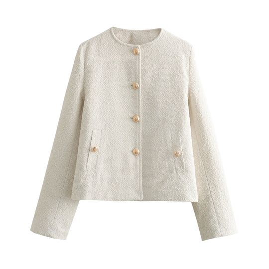 Damen Kurzgeschnittene Bouclé‑Tweedjacke mit Rundhalsausschnitt, Zierknöpfen und Pattentaschen Nord Taschen