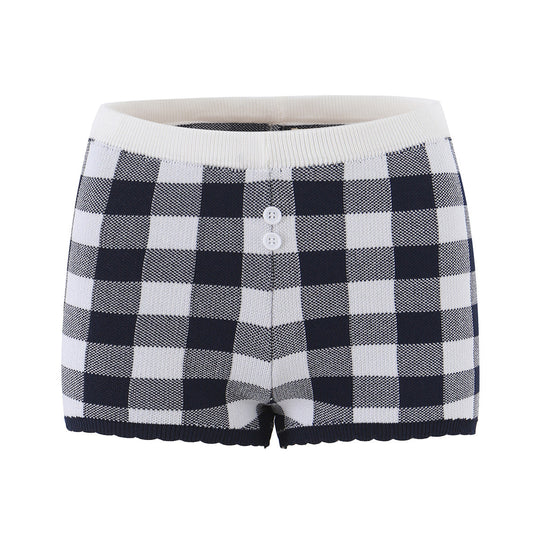 Damen Kurze karierte Feinstrick-Cardigan mit Wellenkante und Perlmuttknöpfen Nord Taschen