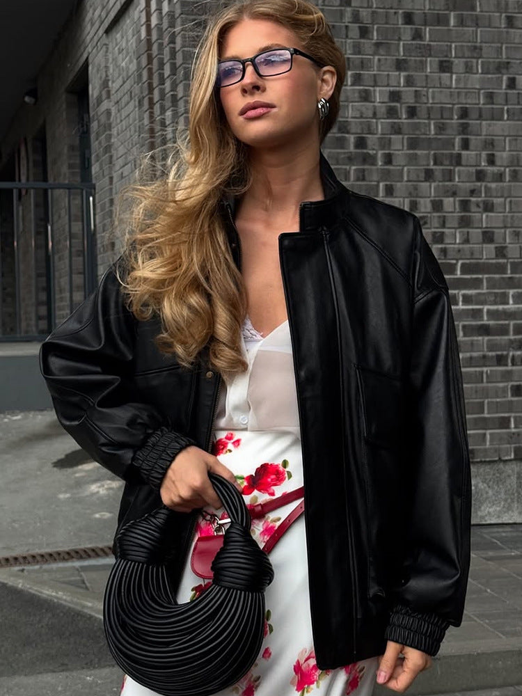 Damen Boxy-Lederimitat-Blouson mit Stehkragen und gerafften Bündchen Nord Taschen