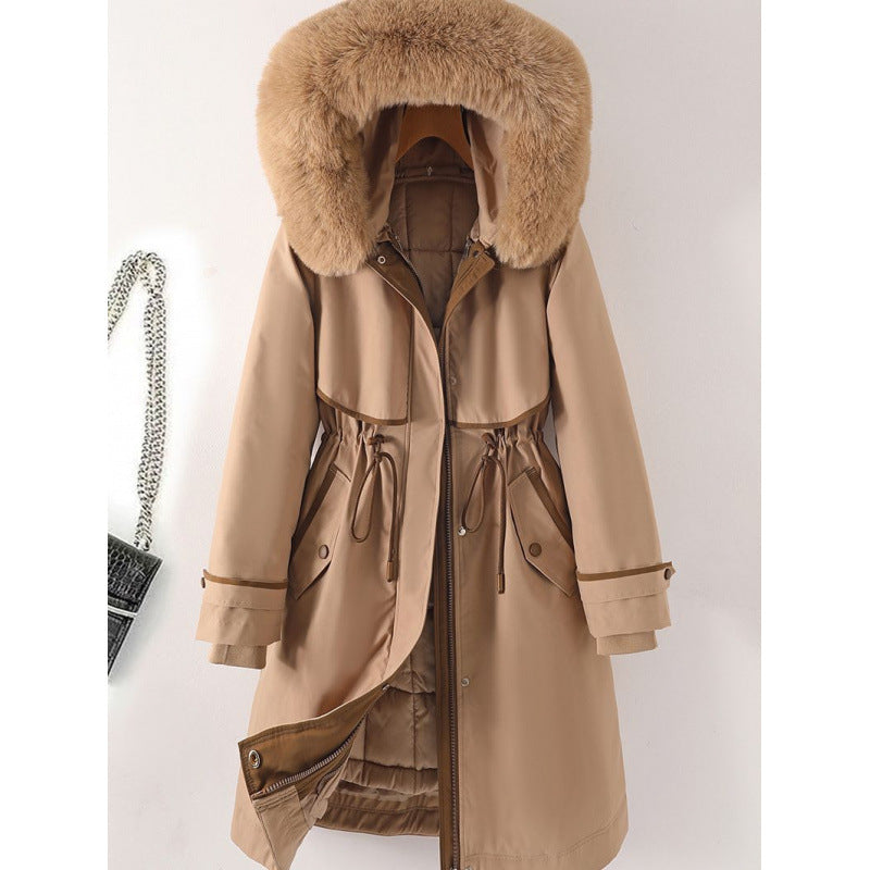 Damen nan langer Parka mit Kunstfellkapuze Taillenzug und kontrastierten Paspeln Nord Taschen