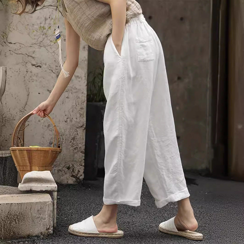Damen lässige Leinenhose mit elastischem Bund und seitlichen Taschen Nord Taschen