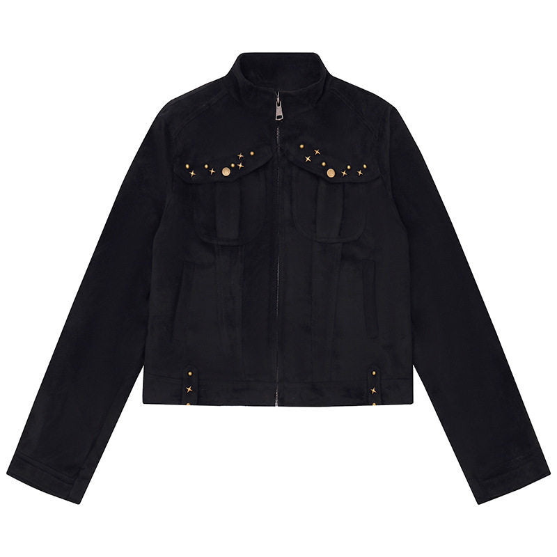 Damen Kurz geschnittene Velourslederjacke mit Stehkragen, Zier‑Nieten und Pattentaschen Nord Taschen