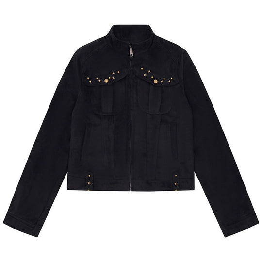 Damen Kurz geschnittene Velourslederjacke mit Stehkragen, Zier‑Nieten und Pattentaschen Nord Taschen