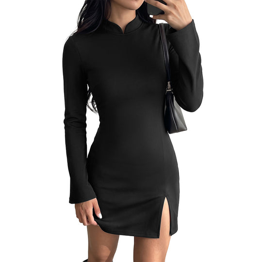 Damen Elegantes Kleid mit Stehkragen und langem Arm Nord Taschen