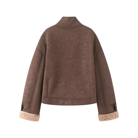Damen Kurz geschnittene Kunstlammfelljacke mit Stehkragen, Knopfverschluss und umschlagbaren Faux-Fur-Manschetten Nord Taschen