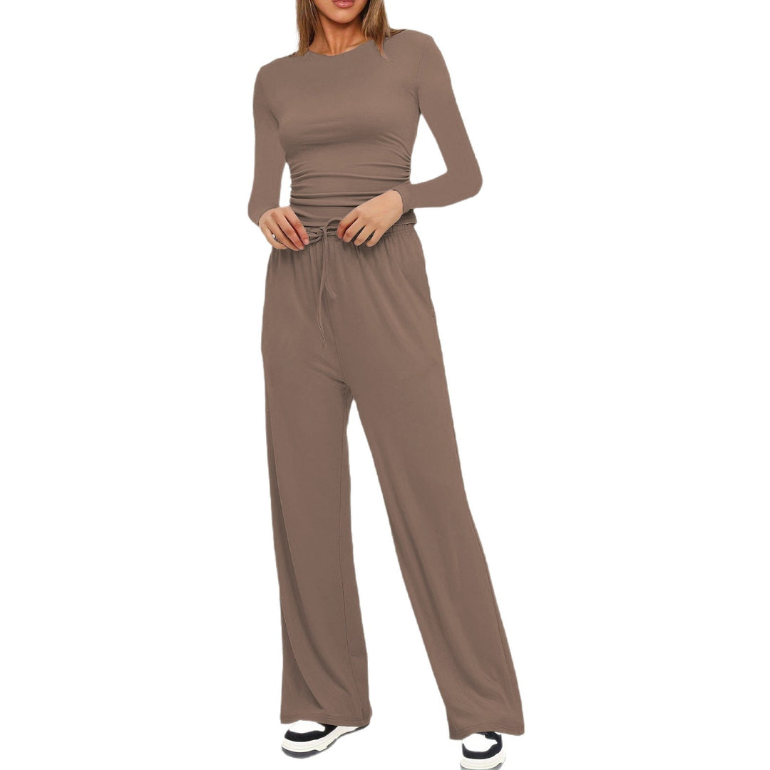 Damen Figurbetontes Longsleeve mit seitlicher Raffung und High-Waist Palazzo-Jogginghose Set Nord Taschen