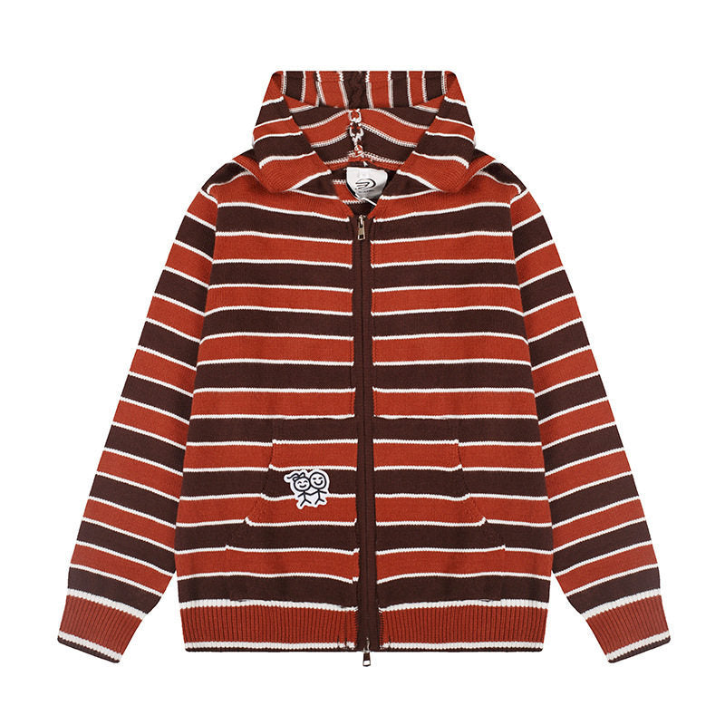 Damen Kapuzen‑Strickjacke mit durchgehendem Reißverschluss, gestreifter Struktur und Stickdetail Nord Taschen