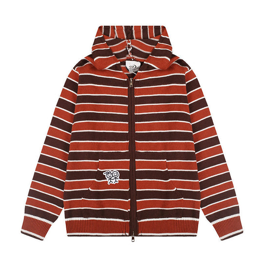 Damen Kapuzen‑Strickjacke mit durchgehendem Reißverschluss, gestreifter Struktur und Stickdetail Nord Taschen