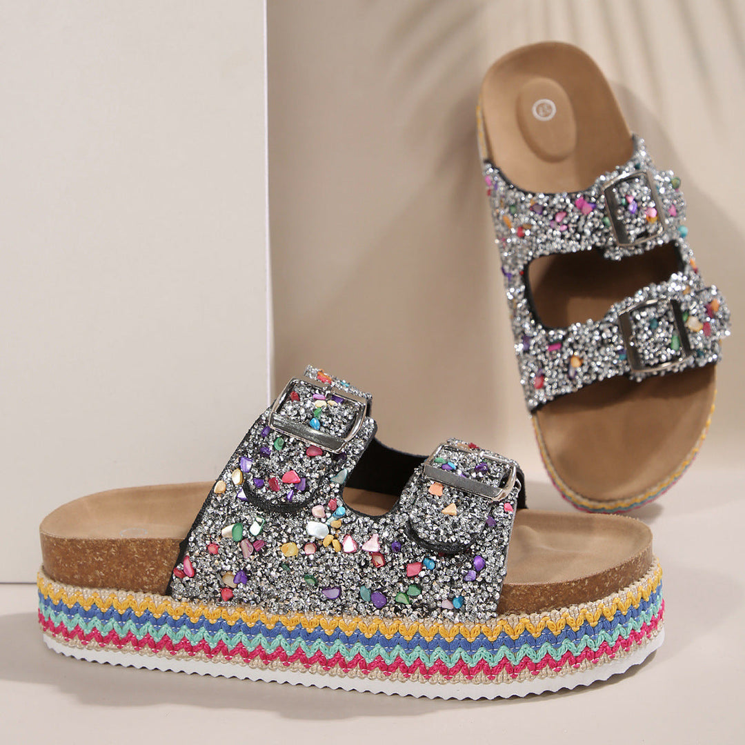 Damen Glitzernde Plateau-Sandalen mit Doppelschnalle und mehrfarbigem Boden