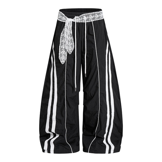 Damen Weite Palazzo-Loungehose mit elastischem Komfortbund, Kontraststreifen und Spitzenschnur Nord Taschen