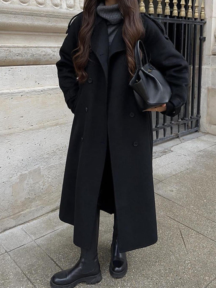 Damen Langer Wollmix-Mantel mit breitem Revers, Epauletten und verstellbaren Ärmelriegeln Nord Taschen