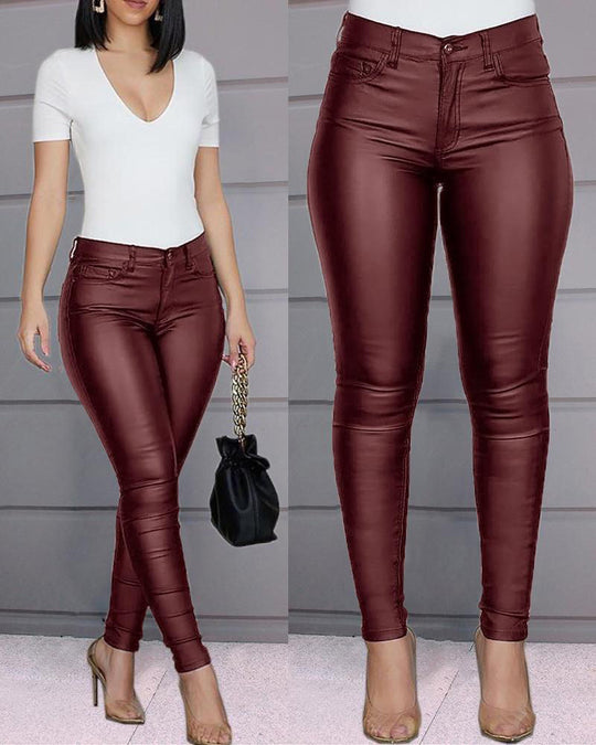 Damen figurbetonte High‑Waist Kunstlederhose im Skinny‑Cut mit Five‑Pocket Nord Taschen