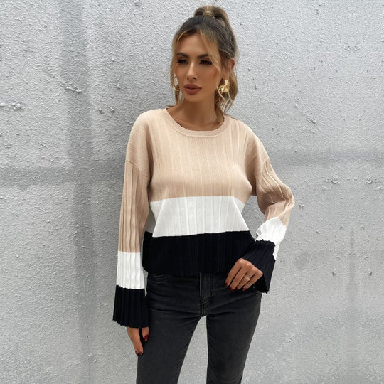 Damen Gerippter Colorblock-Pullover mit weitem Ärmelbündchen Nord Taschen