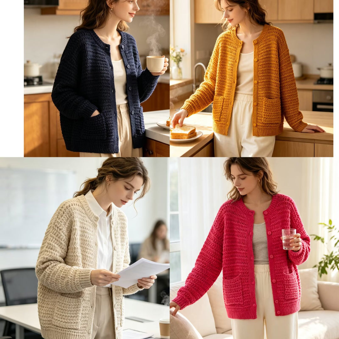 Damen Grobgestrickter Oversize-Cardigan mit Knopfleiste und aufgesetzten Taschen Nord Taschen