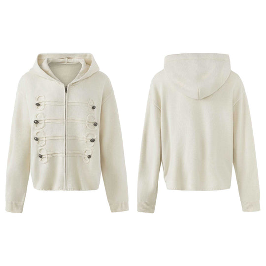 Damen Kapuzen-Strickjacke mit militärischen Zierknöpfen und Reißverschluss Nord Taschen