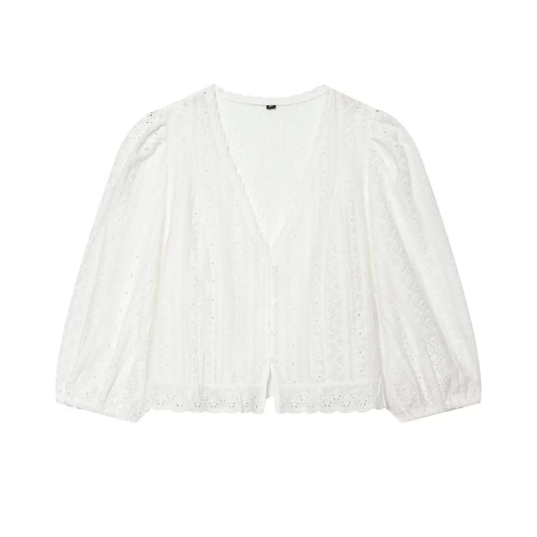 Damen Baumwoll-Spitzen-Cardigan mit V‑Ausschnitt, Knopfleiste und Ballonärmeln Nord Taschen