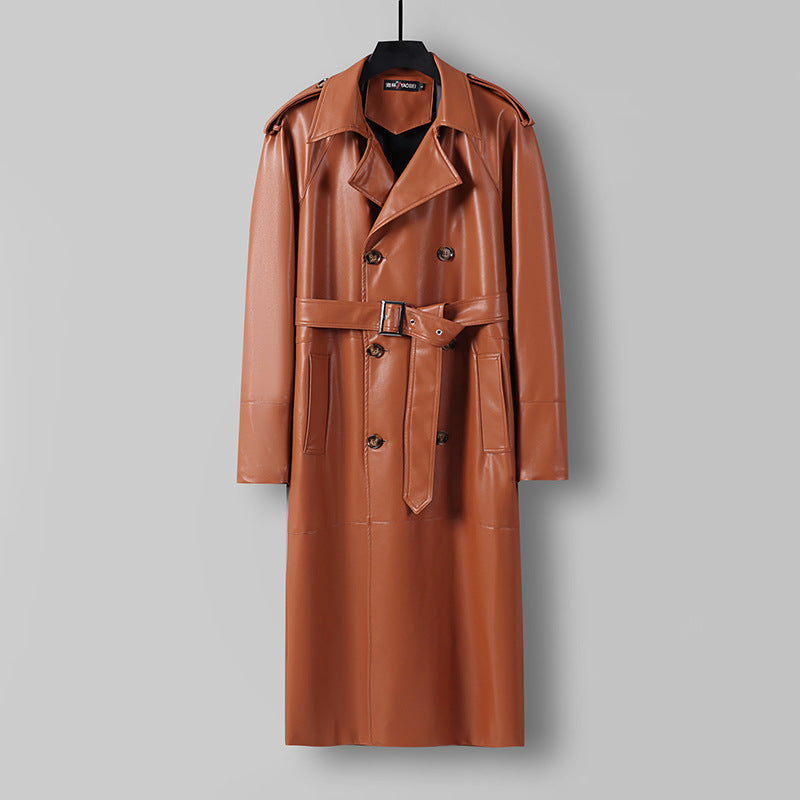 Herren Langer Kunstleder-Trenchcoat mit Doppelreiher, Taillengürtel und Schulterklappen Nord Taschen