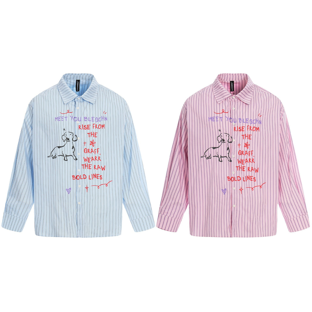 Damen Oversize-Hemdbluse mit Streifenstruktur und handgezeichnetem Grafikprint Nord Taschen
