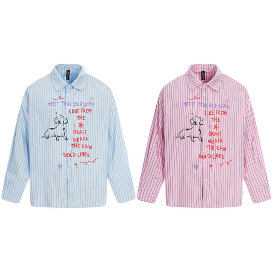 Damen Oversize-Hemdbluse mit Streifenstruktur und handgezeichnetem Grafikprint Nord Taschen