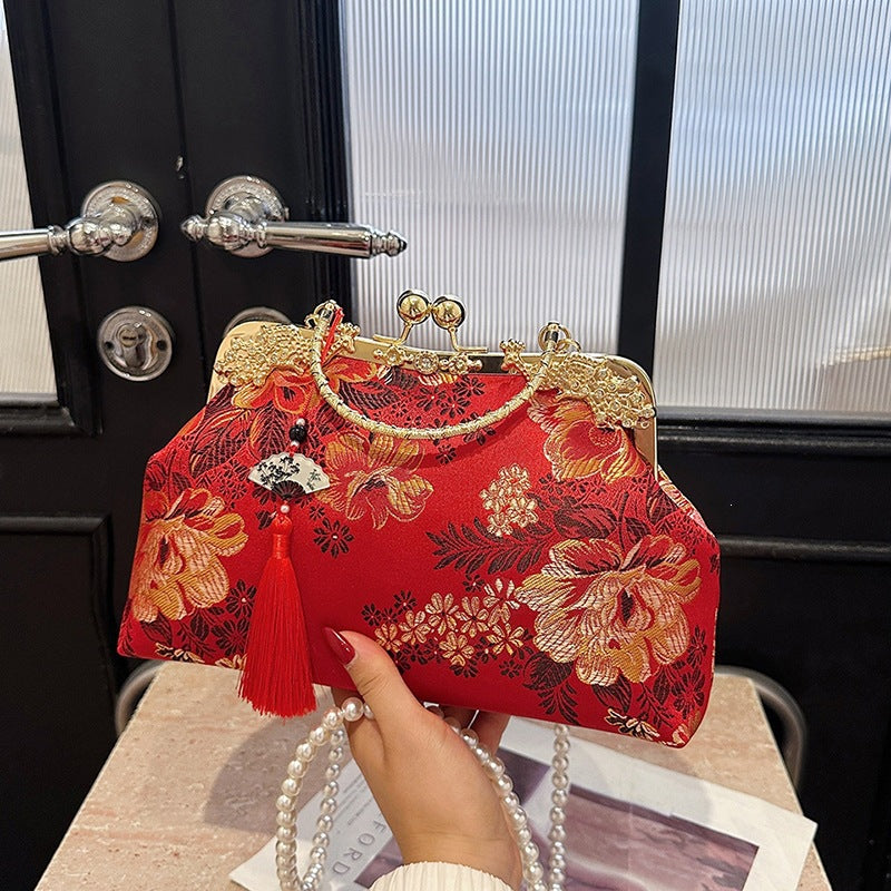 Damen elegante Clutch-Tasche mit floralen Akzenten und perlenbesetztem Tragegriff Nord Taschen