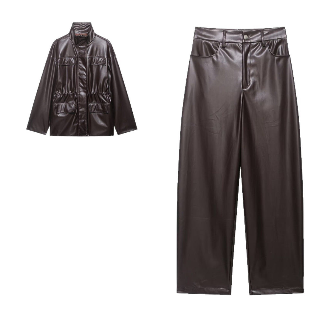 Damen Zweiteiliges PU-Leder-Ensemble mit Fieldjacke, Kordelzugtaillierung und High‑Waist Wide‑Leg Hose Nord Taschen