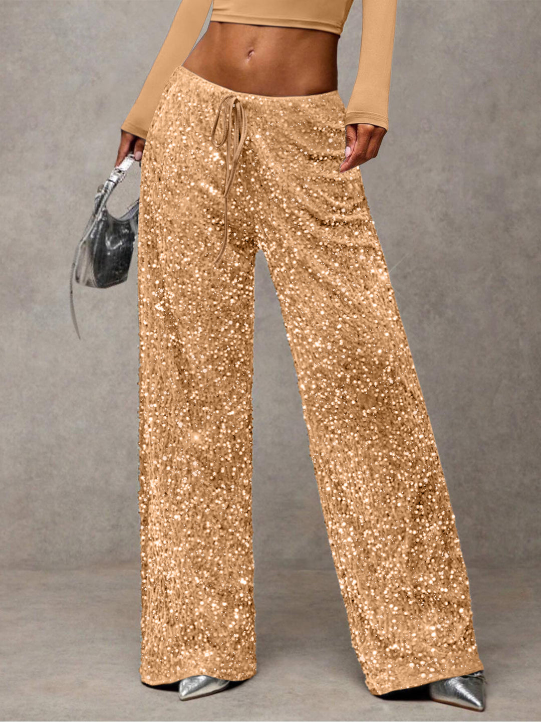 Damen Pailletten-Palazzohose mit hohem Bund und Kordelzug Nord Taschen