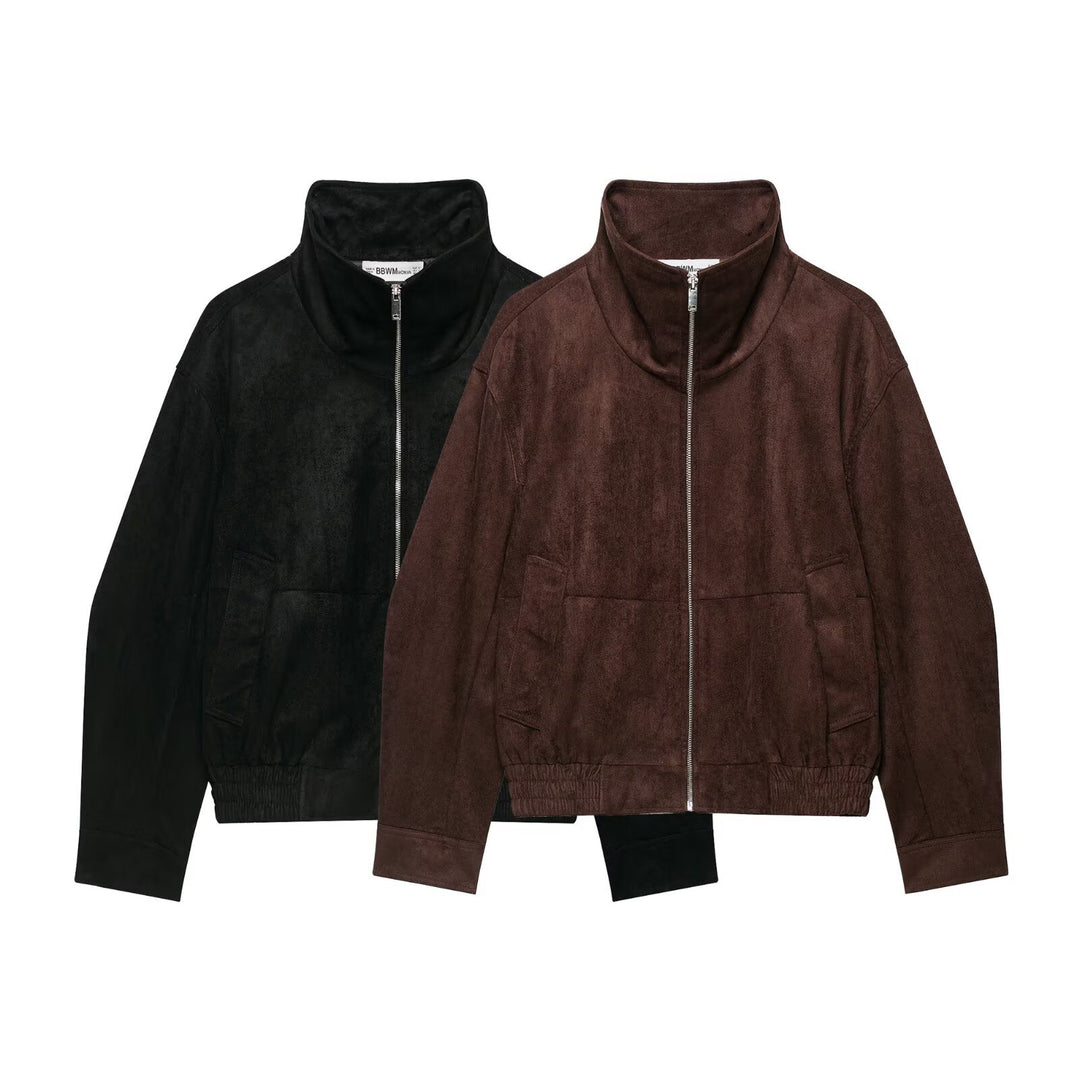 Damen Velourslederoptik Bomberjacke mit Funnelkragen und elastischem Saum Nord Taschen