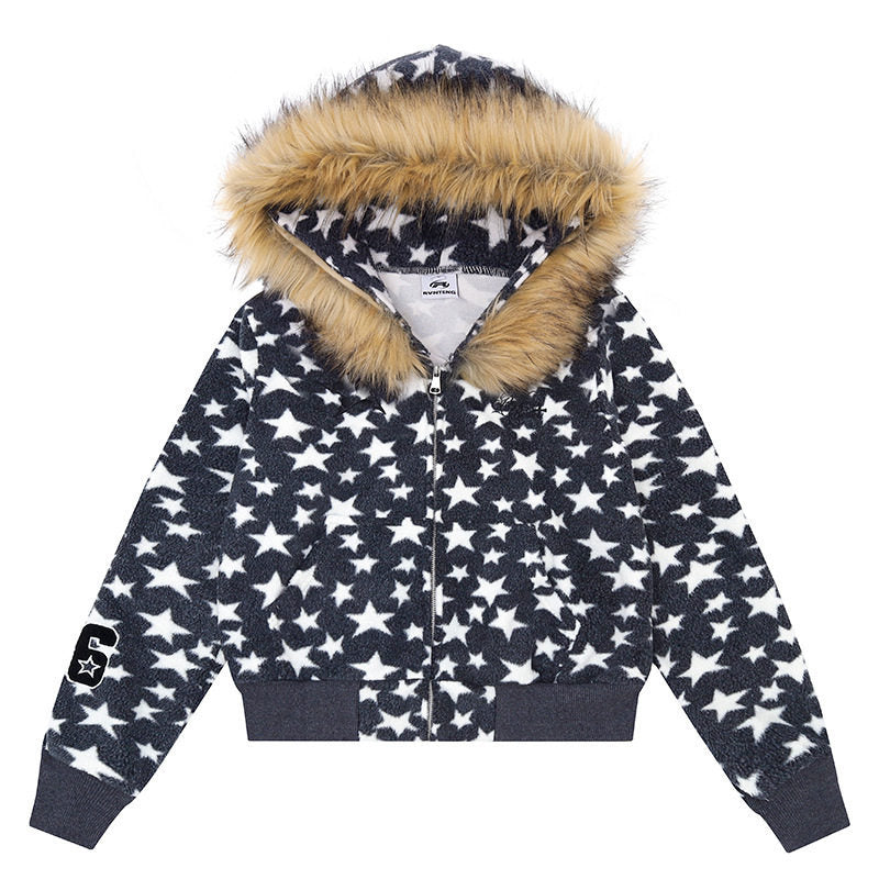 Damen Kapuzen-Sherpajacke mit Sternenprint, Reißverschluss und Kunstpelzbesatz Nord Taschen