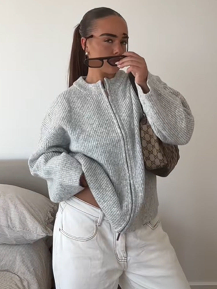 Damen Grobstrick‑Zipper‑Cardigan mit Oversize‑Schnitt Nord Taschen