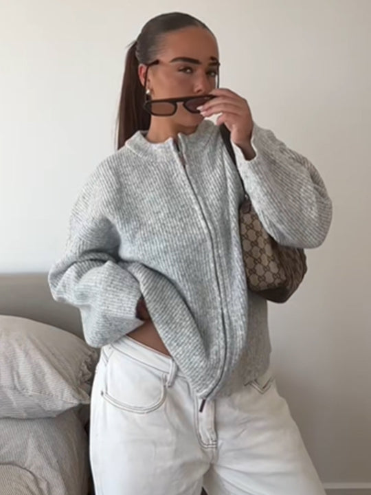 Damen Grobstrick‑Zipper‑Cardigan mit Oversize‑Schnitt Nord Taschen