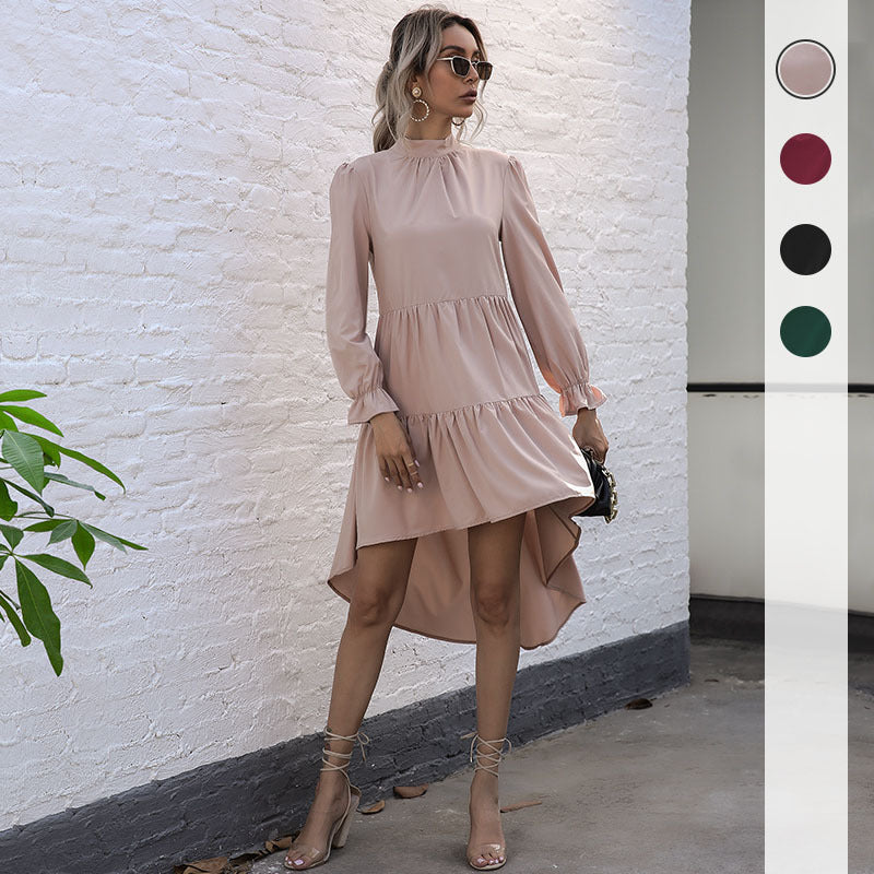 Damen Asymmetrisches Stufenkleid mit Stehkragen und geraffter Taille Nord Taschen