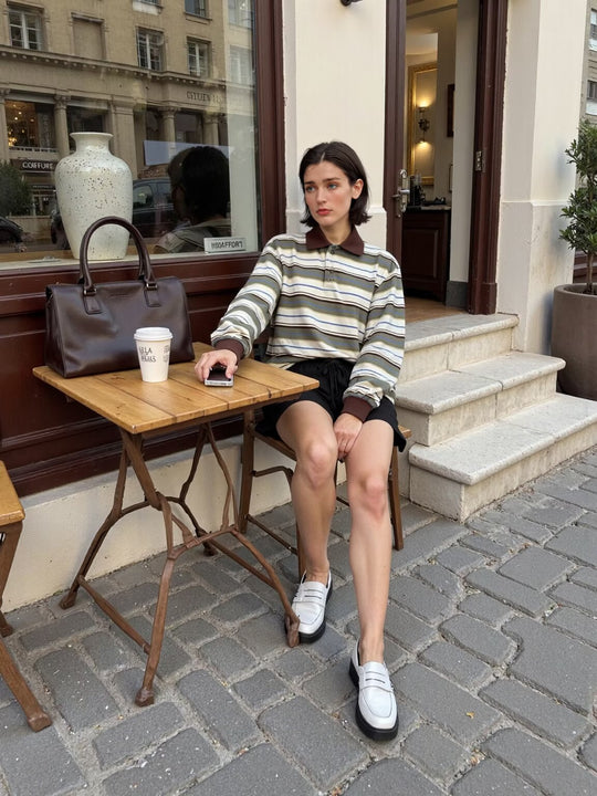 Damen Gestreiftes Poloshirt‑Sweatshirt aus Baumwollmix mit Kontrastkragen und gerippten Bündchen Nord Taschen