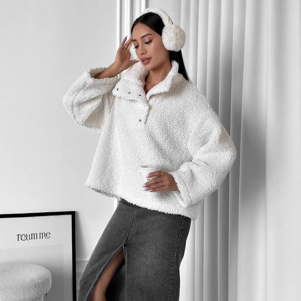 Damen Oversized Teddy-Pullover mit halber Druckknopfleiste und Stehkragen Nord Taschen