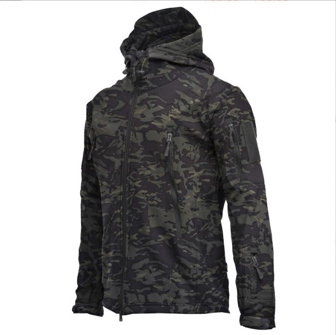 Herren taktische Softshell‑Fieldjacke mit Kapuze, Multifunktionstaschen und Klettpatchfläche Nord Taschen