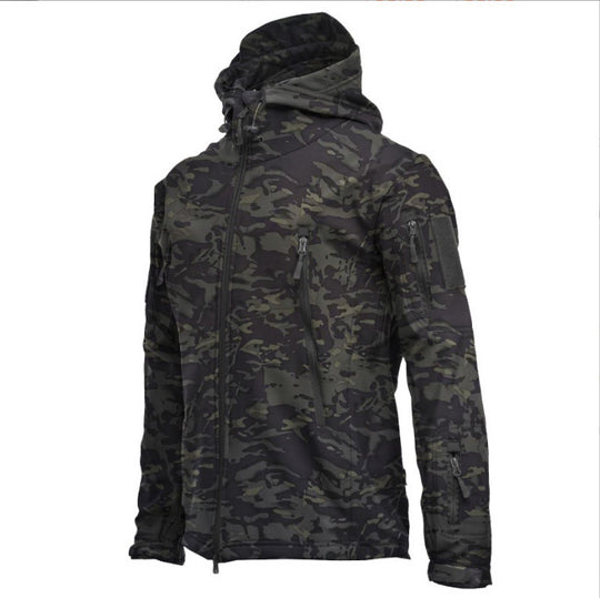 Herren taktische Softshell‑Fieldjacke mit Kapuze, Multifunktionstaschen und Klettpatchfläche Nord Taschen