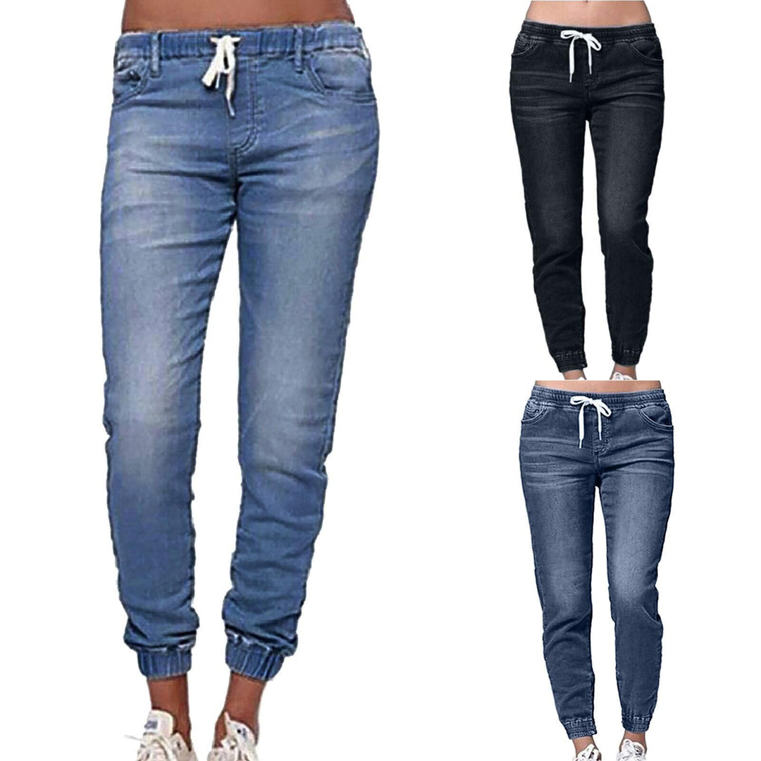 Damen schmal geschnittene Denim-Jogginghose mit Elastikbund, Tunnelzug und elastischen Beinbündchen Nord Taschen